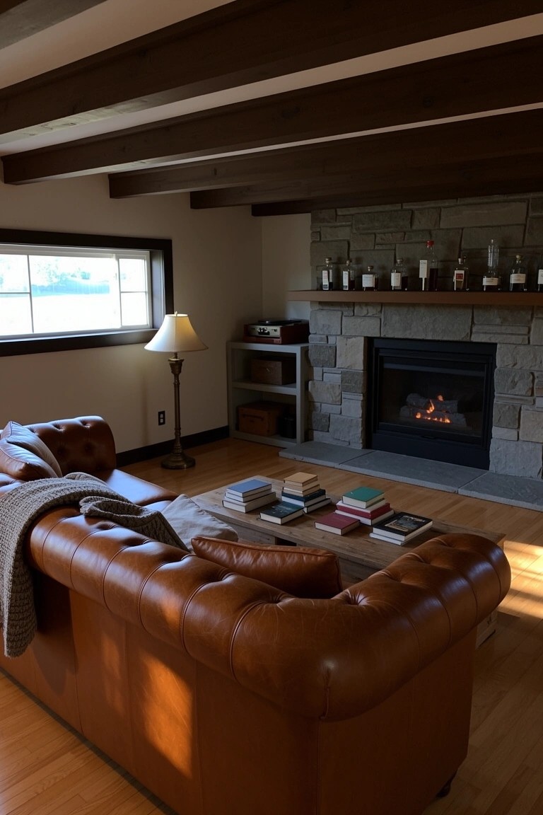 Cozy man cave room with brown tufted leather sofa facing a lit stone gas fireplace, wooden beam ceiling, low coffee table stacked with books, and shelves lined with whiskey bottles