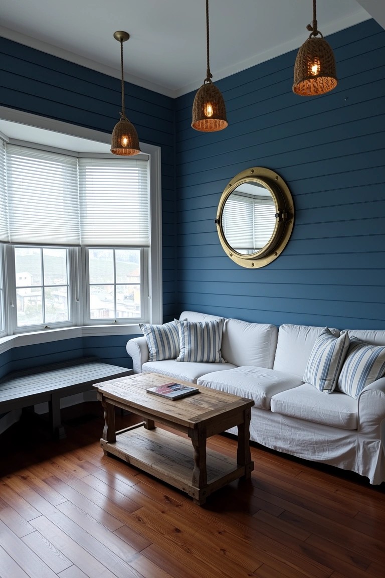Cozy man cave corner with navy shiplap walls, white slipcovered sofa, wooden coffee table, and brass porthole mirror