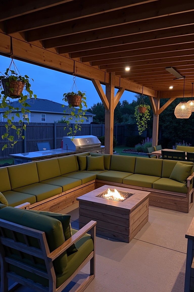 Green L-shaped outdoor sectional sofa around a square wooden fire pit table on a covered patio deck