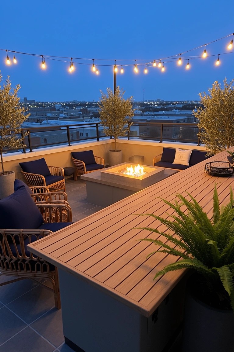 Rooftop terrace setup with central beige gas fire table surrounded by rattan chairs with blue cushions, potted olive trees, and overhead string lights