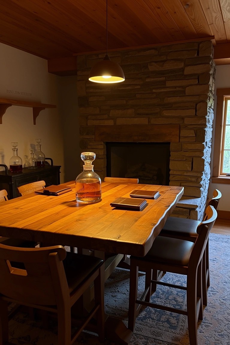 Rustic wooden bar table with decanters and bar stools positioned beside a stone fireplace in a cozy cabin-style room