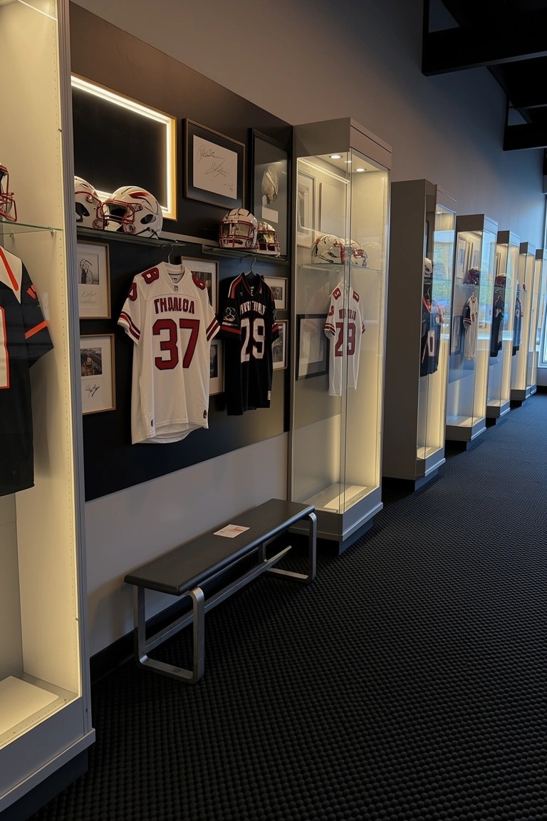 Hallway wall with backlit glass cases displaying sports jerseys, helmets, and framed photos, plus a bench below