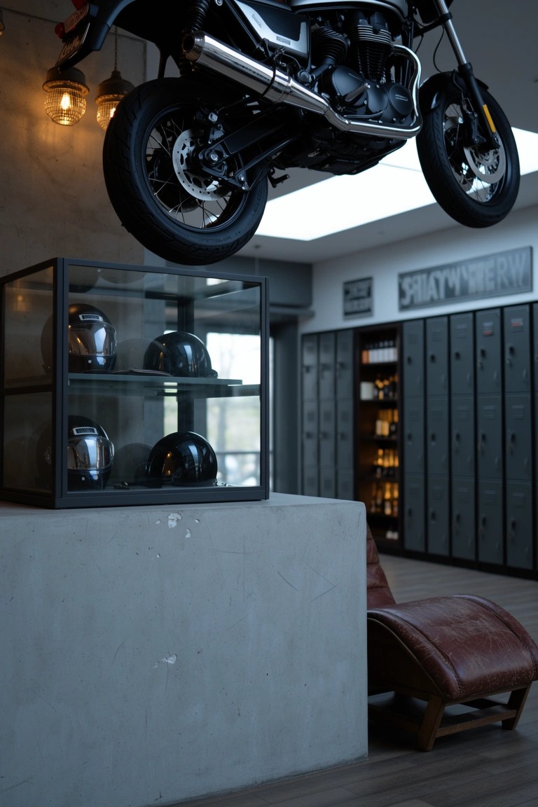 Man cave with motorcycle suspended upside down from ceiling above glass helmet case, industrial lockers, and leather chair