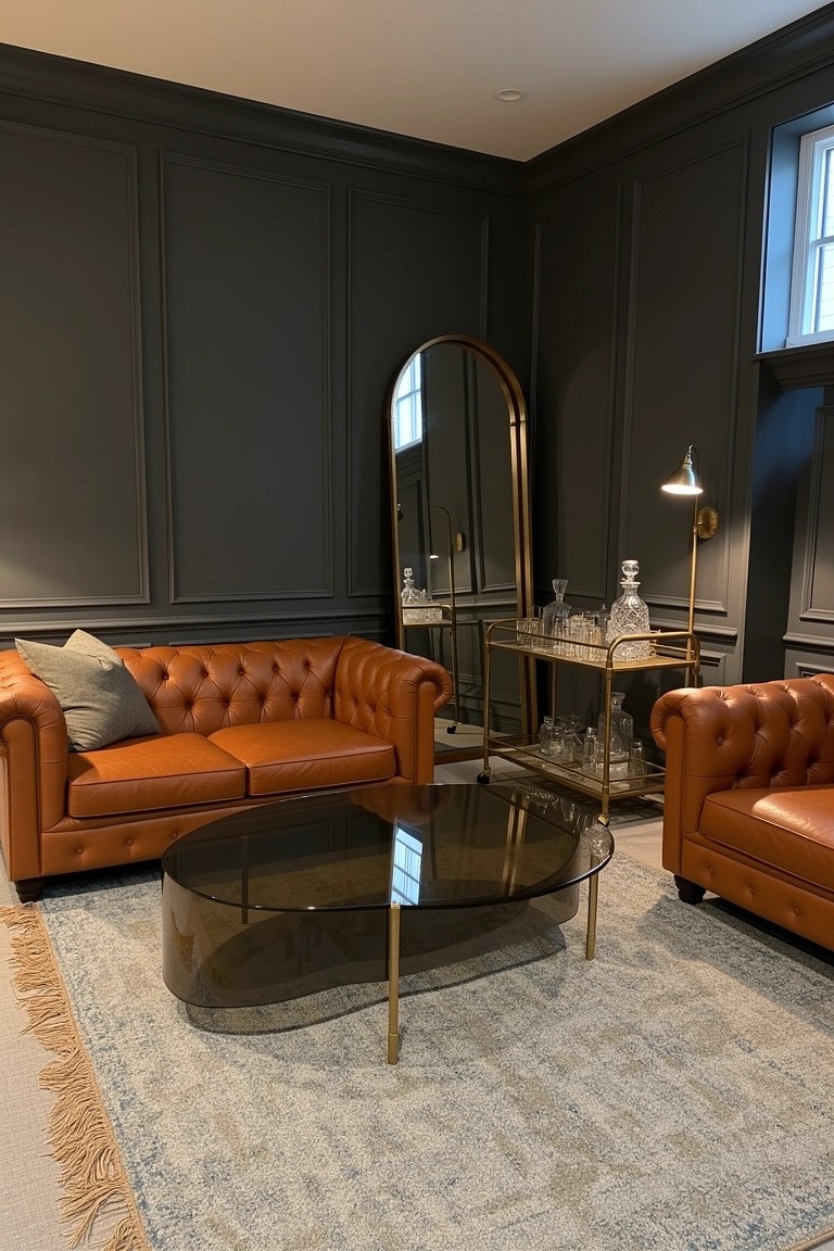 Dark paneled room featuring two orange tufted leather Chesterfield sofas facing each other around a smoked glass coffee table, with a bar cart nearby