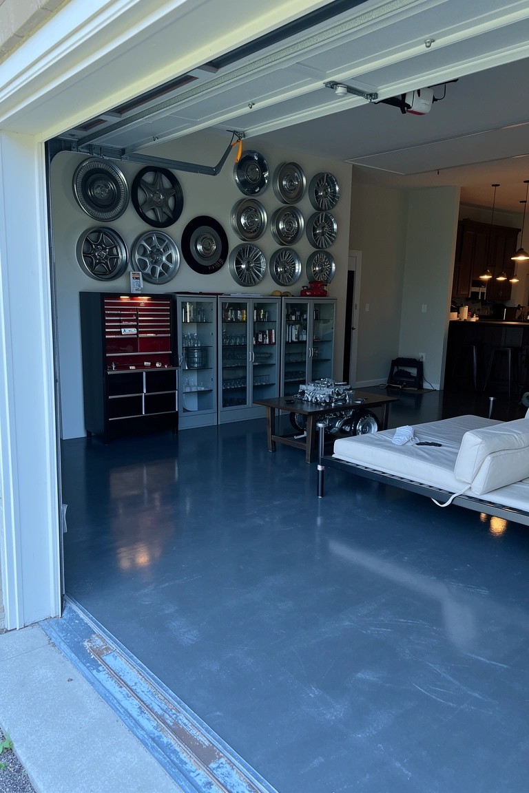 Garage man cave with rows of vintage car wheels mounted on the wall above red toolbox and glass cabinets