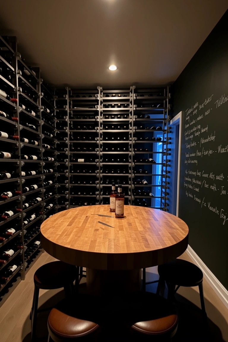 Wine cellar room with metal racks full of bottles around walls and a central round wooden table with stools