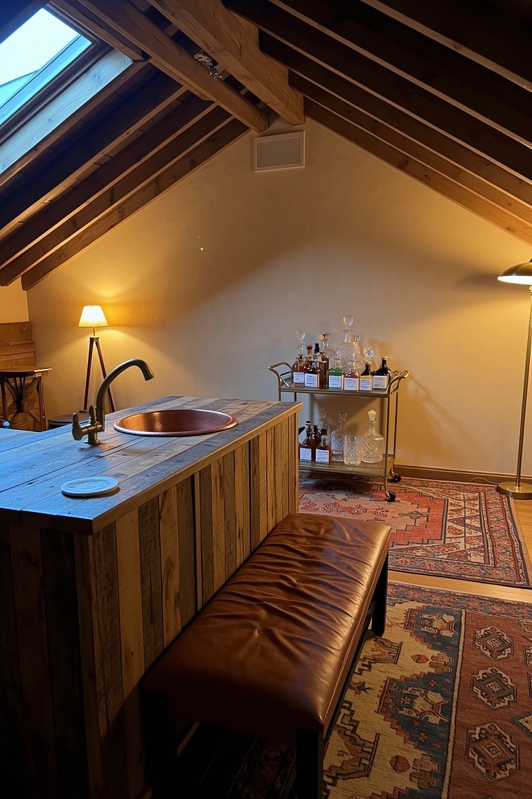 Cozy attic speakeasy bar nook with wooden counter island, copper sink, leather bench seating, bar cart with bottles, exposed beams, and warm lamp lighting