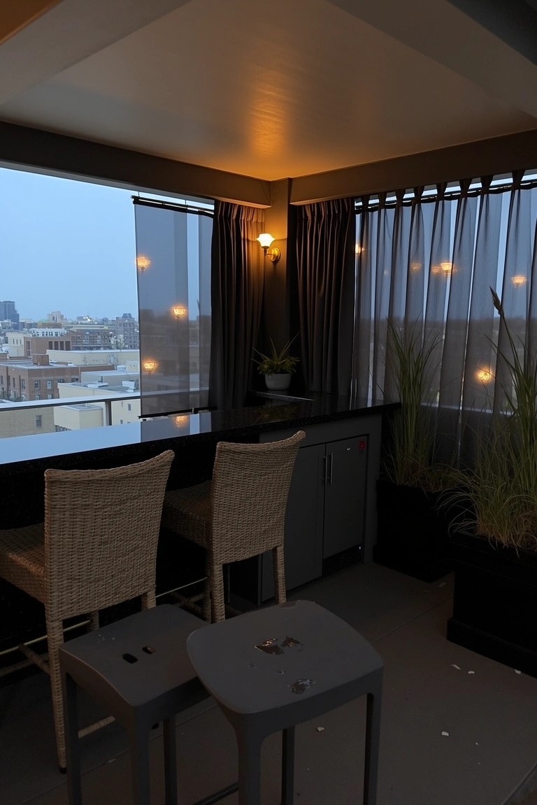 Balcony bar nook enclosed by sheer curtains with bar stools, counter, potted grasses, and warm lighting