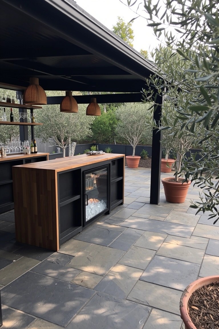 Wooden bar counter with black cabinets and built-in fireplace under covered patio amid olive trees