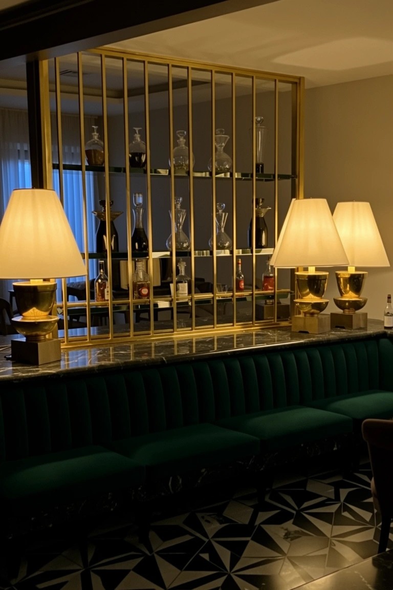 Gold brass grid shelving displaying liquor bottles above marble counter and green velvet bench seating in elegant home bar
