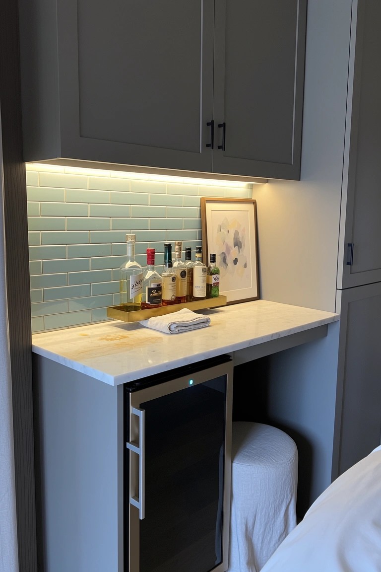 Compact built-in home bar with gray cabinets, blue subway tile backsplash, liquor bottles on gold tray, and undercounter beverage fridge