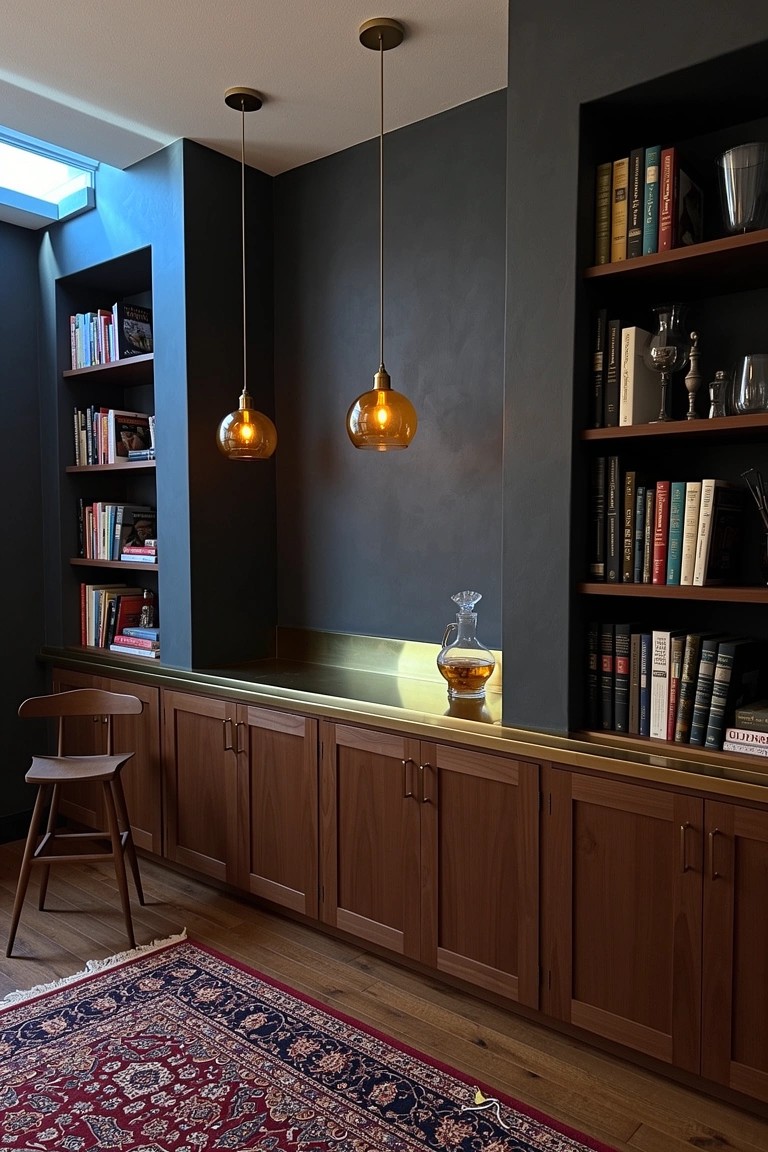 Brass-topped bar counter built between dark gray bookshelves with wooden cabinets below, pendant lights above, and a stool nearby