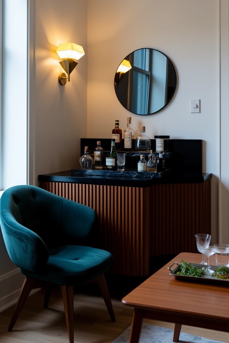 Wooden corner bar cabinet with black marble top stocked with liquor bottles, round mirror and sconce light above, turquoise velvet armchair beside it