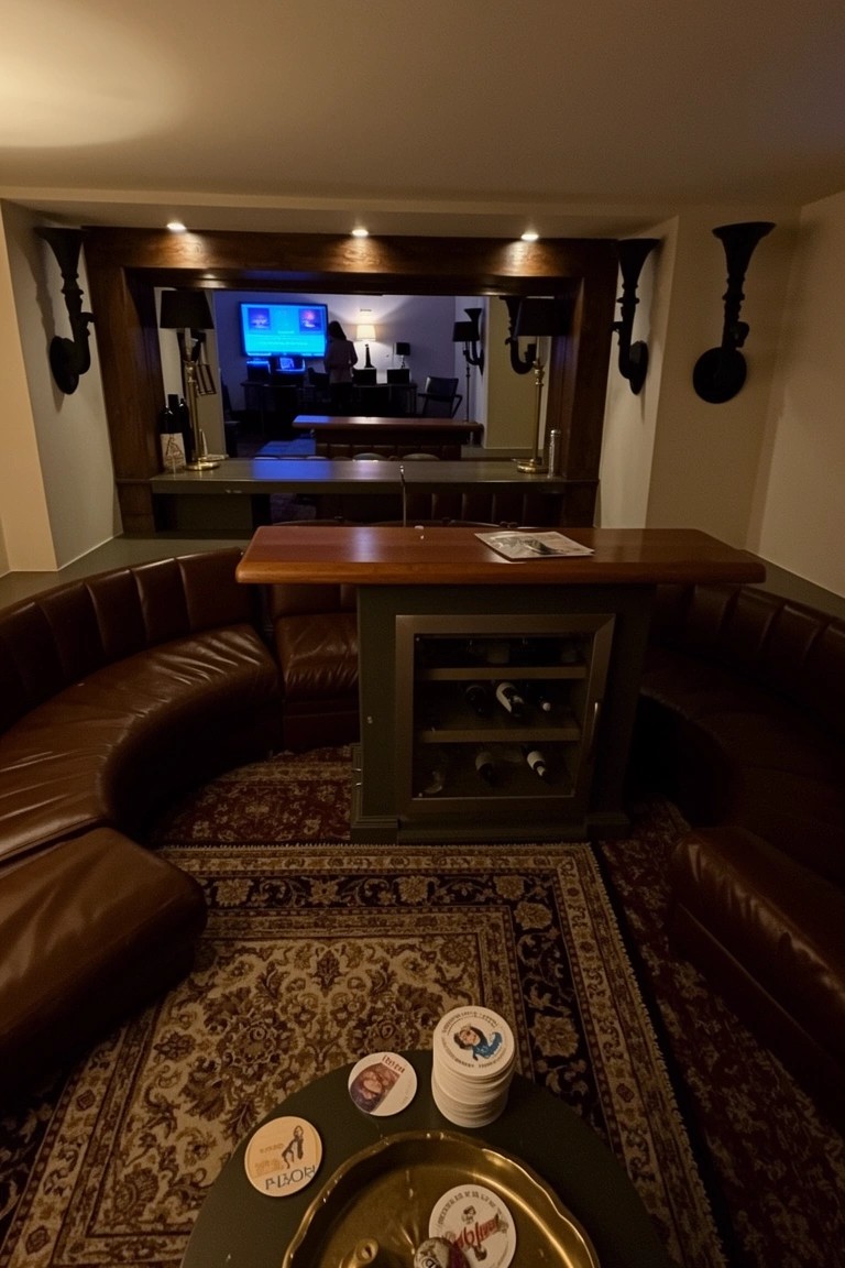 Curved brown leather sofa surrounding a wooden home bar counter with wine racks in a cozy lounge area