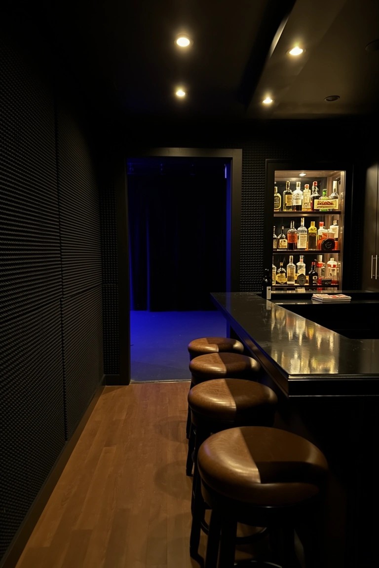 Dark ribbed panel walls framing a sleek home bar with black countertop, leather stools, and blue-lit bottle shelves