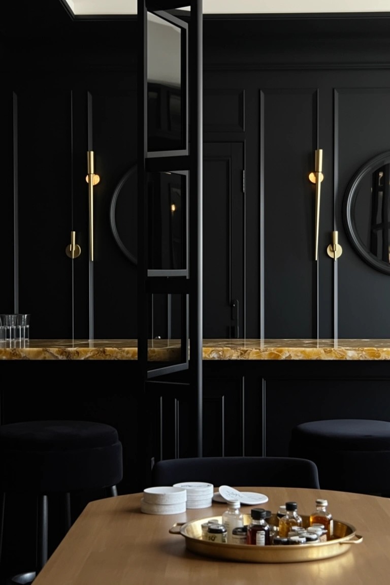 Matte black paneled walls with symmetrical brass sconces and round mirrors beside a veined gold bar countertop and velvet stools