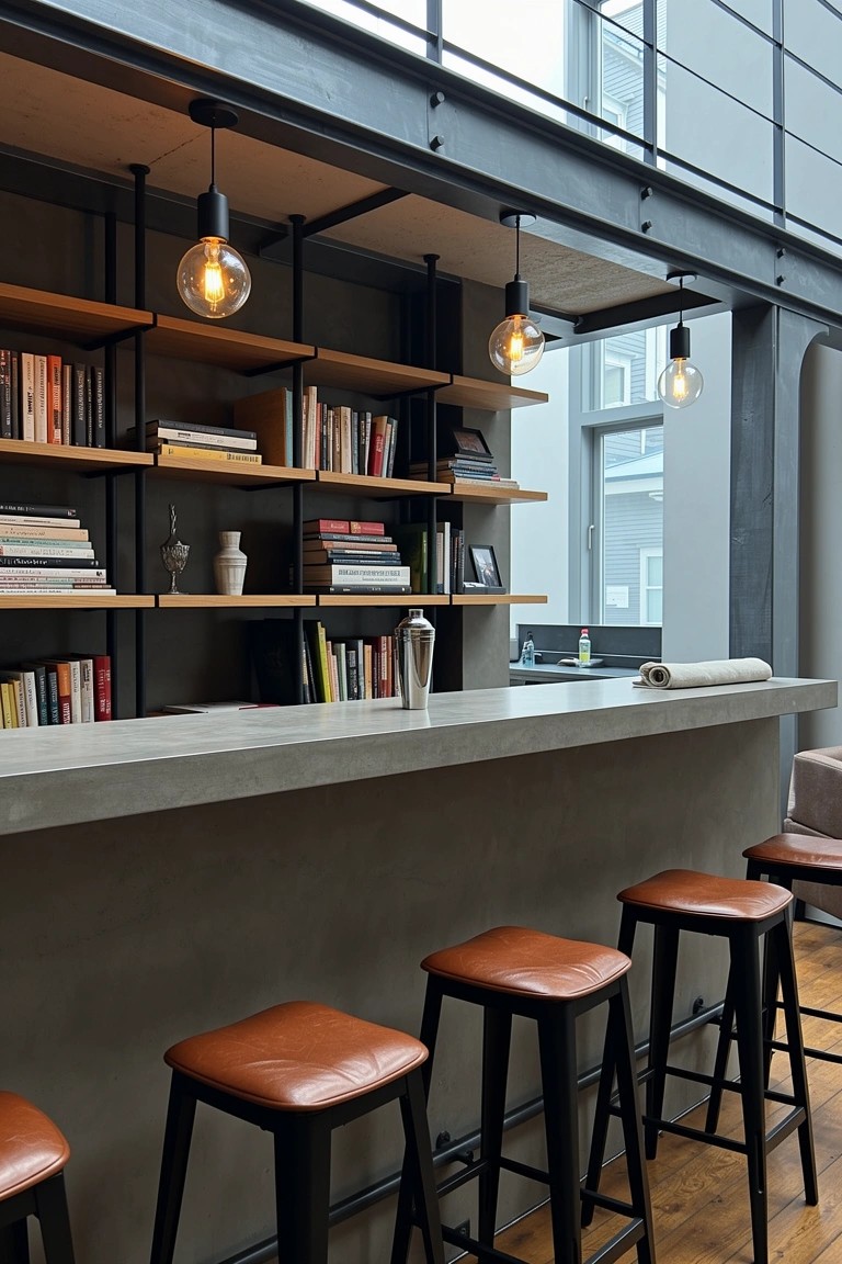 Industrial home bar with open wooden shelves stocked with books, bottles, and decor above a gray concrete countertop, leather stools, and hanging globe lights