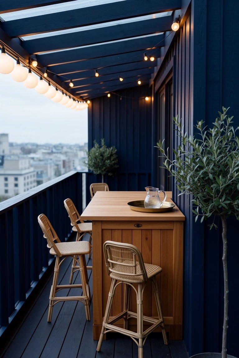 Navy blue enclosed balcony bar with wooden counter, rattan stools, potted olive trees, string lights, and distant city view