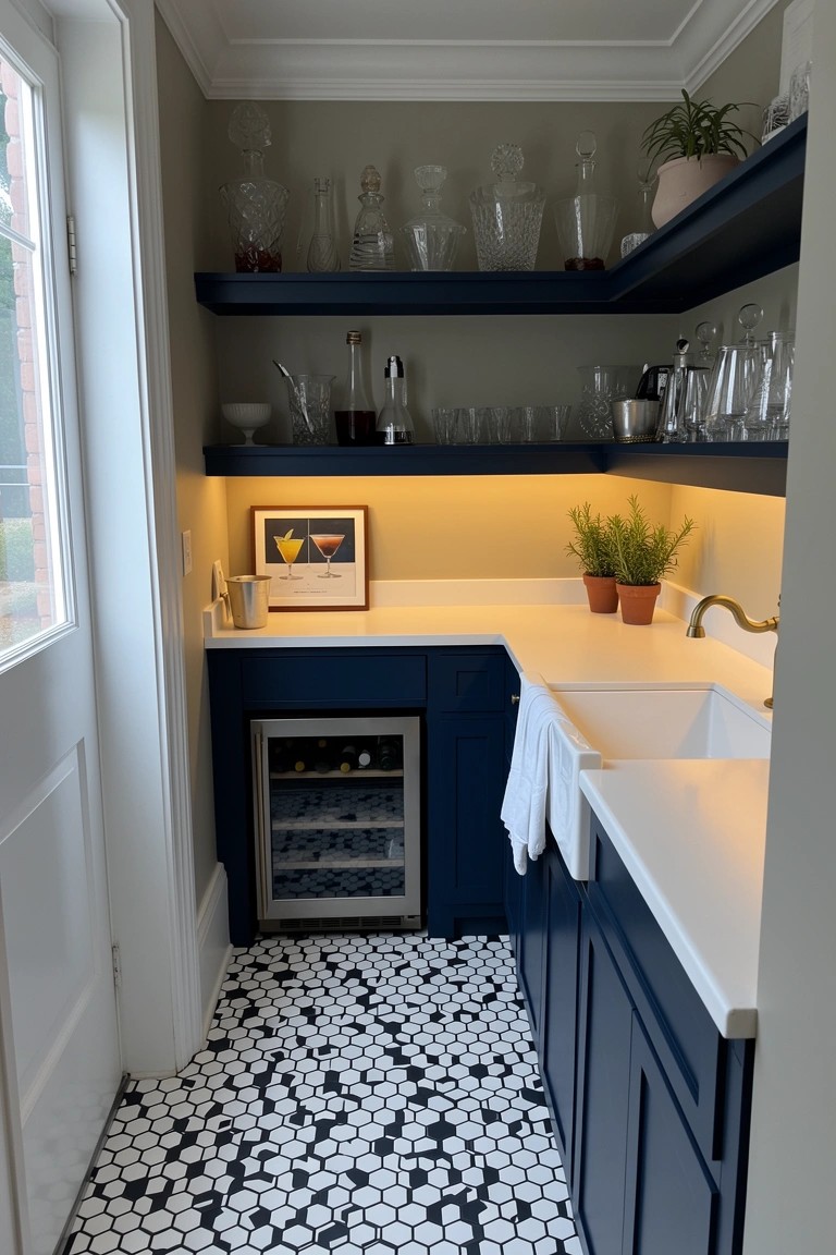 Narrow butler's pantry bar with navy blue lower cabinets, open glassware shelves, built-in wine fridge, and white farmhouse sink on black and white patterned tile floor