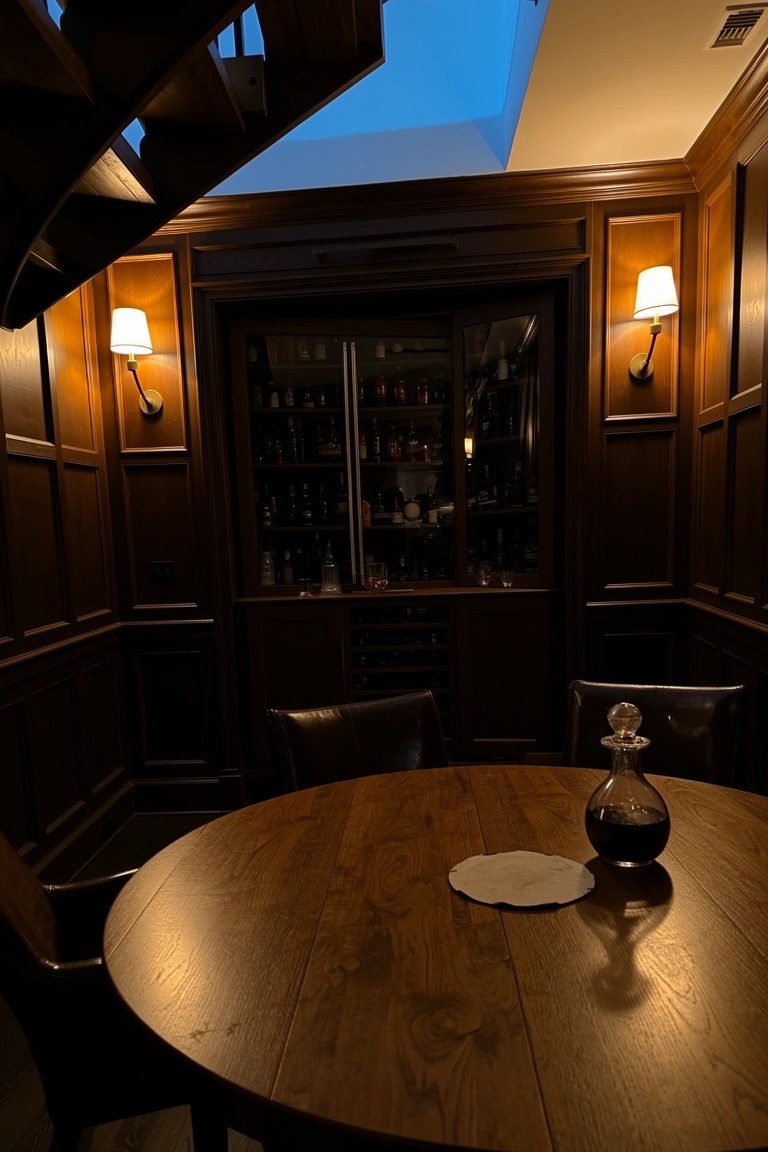 Wood paneled nook with glass-fronted bar cabinet full of bottles and a round table with chairs