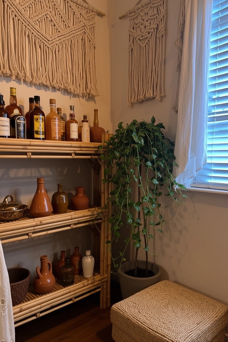 Bamboo shelving unit in a sunny corner displaying whiskey bottles and clay pots with macrame wall hangings and a trailing houseplant