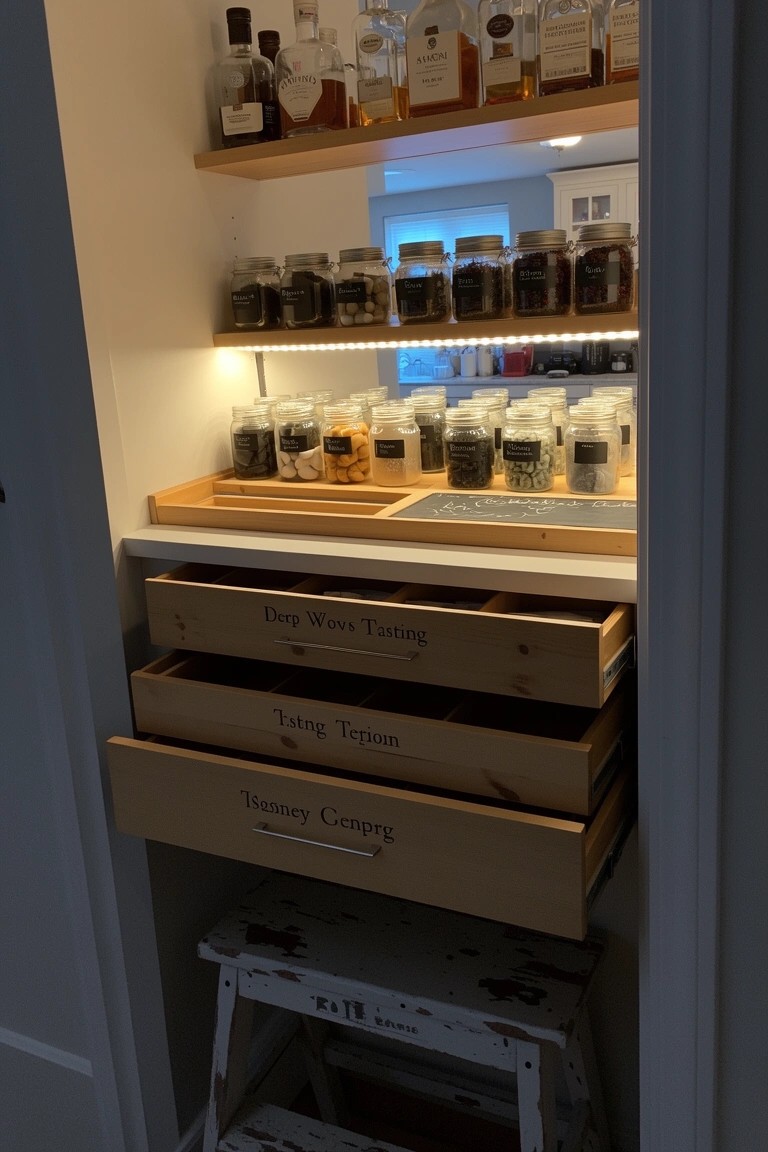 Built-in closet with whiskey bottles on lit shelves and labeled wooden drawers for storage