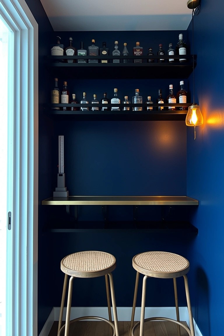 Narrow navy blue closet bar with deep shelves of whiskey bottles over brass counter and rattan stools