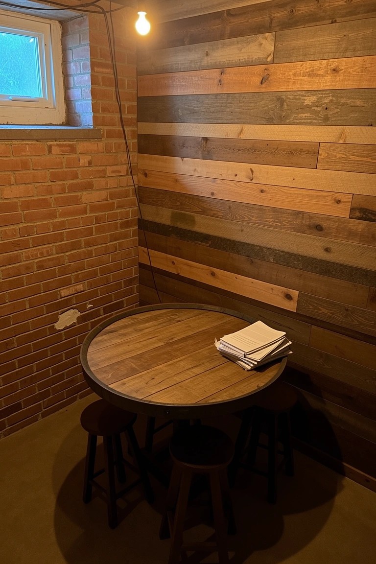 Rustic small whiskey room corner with round barrel table, tucked-under bar stools, wood plank wall, and brick accents