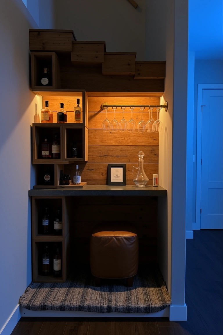 Built-in wooden corner unit with tiered shelves holding whiskey bottles, a countertop, hanging glasses, and a stool below