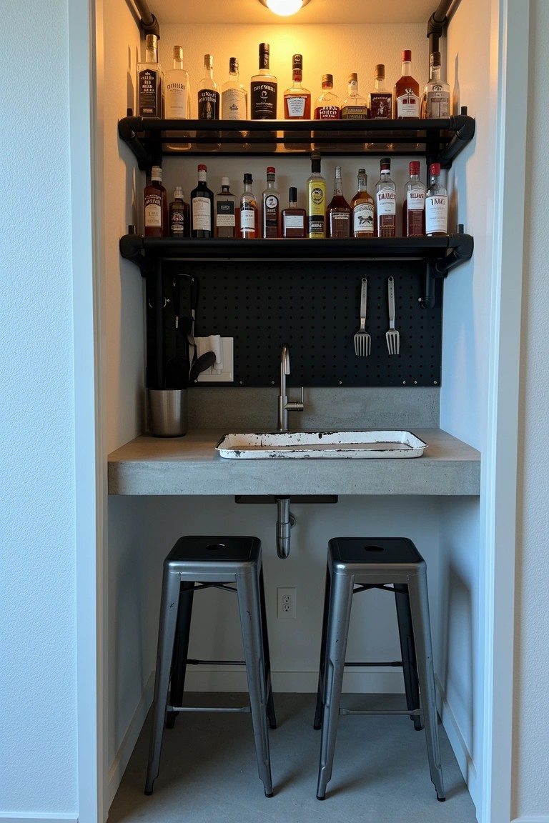 Compact home wet bar nook with black shelves of whiskey bottles, concrete counter, sink, and two stools