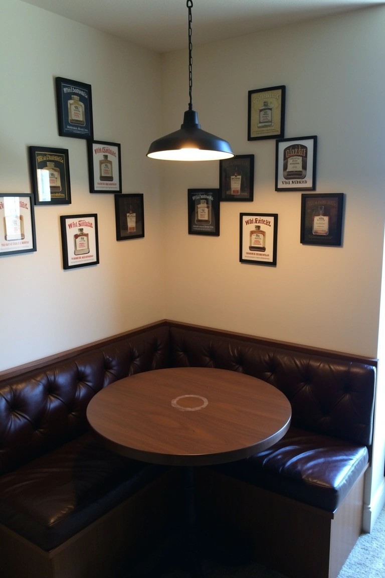 Cozy corner booth with tufted brown leather benches around a round wooden table, whiskey bottle art frames on light walls, and black pendant light overhead