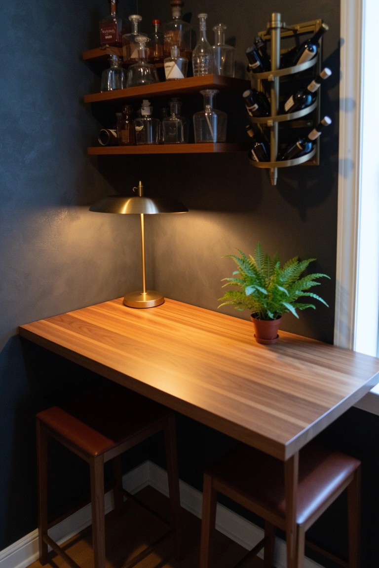 Compact corner bar nook with wooden table, two leather stools, brass lamp, potted fern, and wall-mounted shelves holding whiskey bottles and a wine rack against dark walls