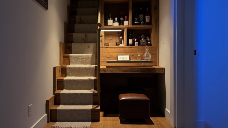 Built-in wooden corner unit with tiered shelves holding whiskey bottles, a countertop, hanging glasses, and a stool below
