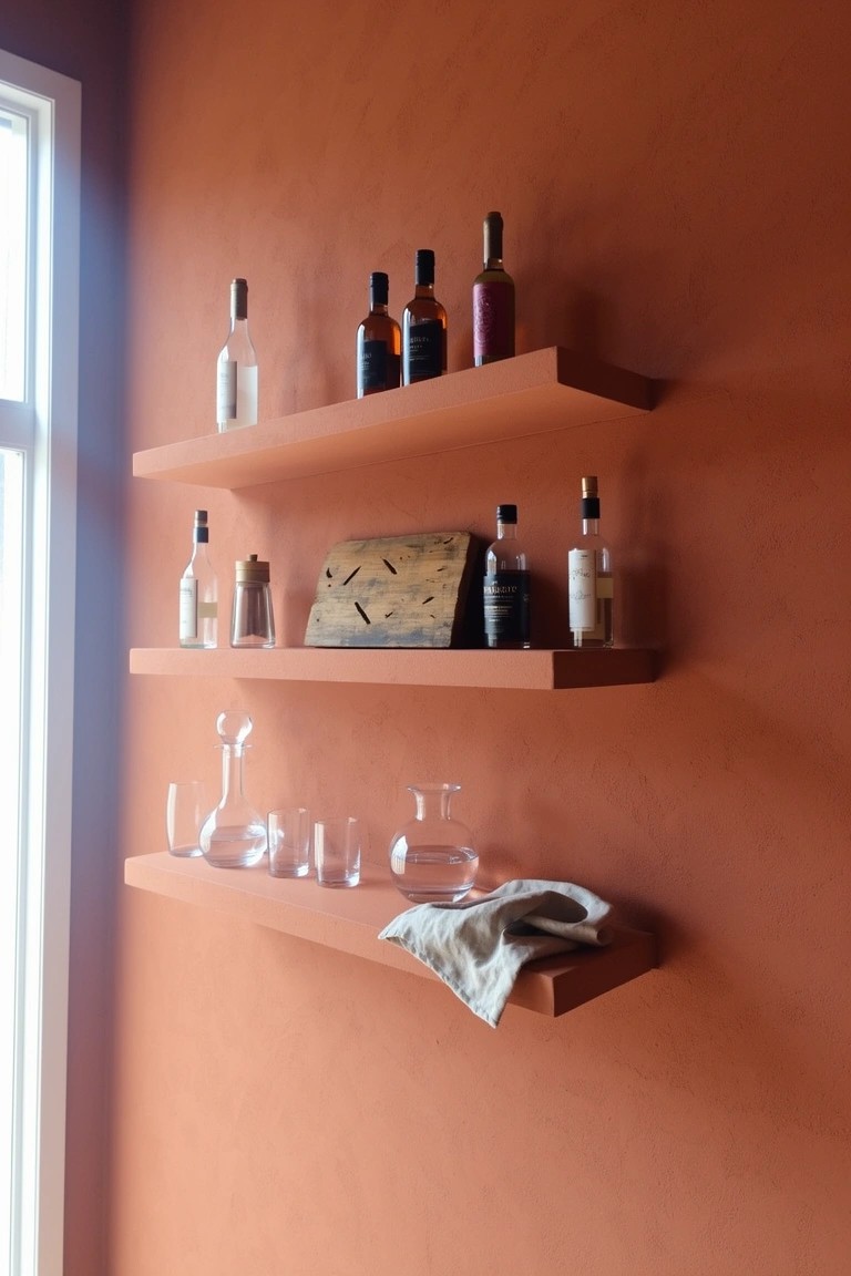 Warm orange wall with three floating shelves holding whiskey bottles, glassware, and a wooden box