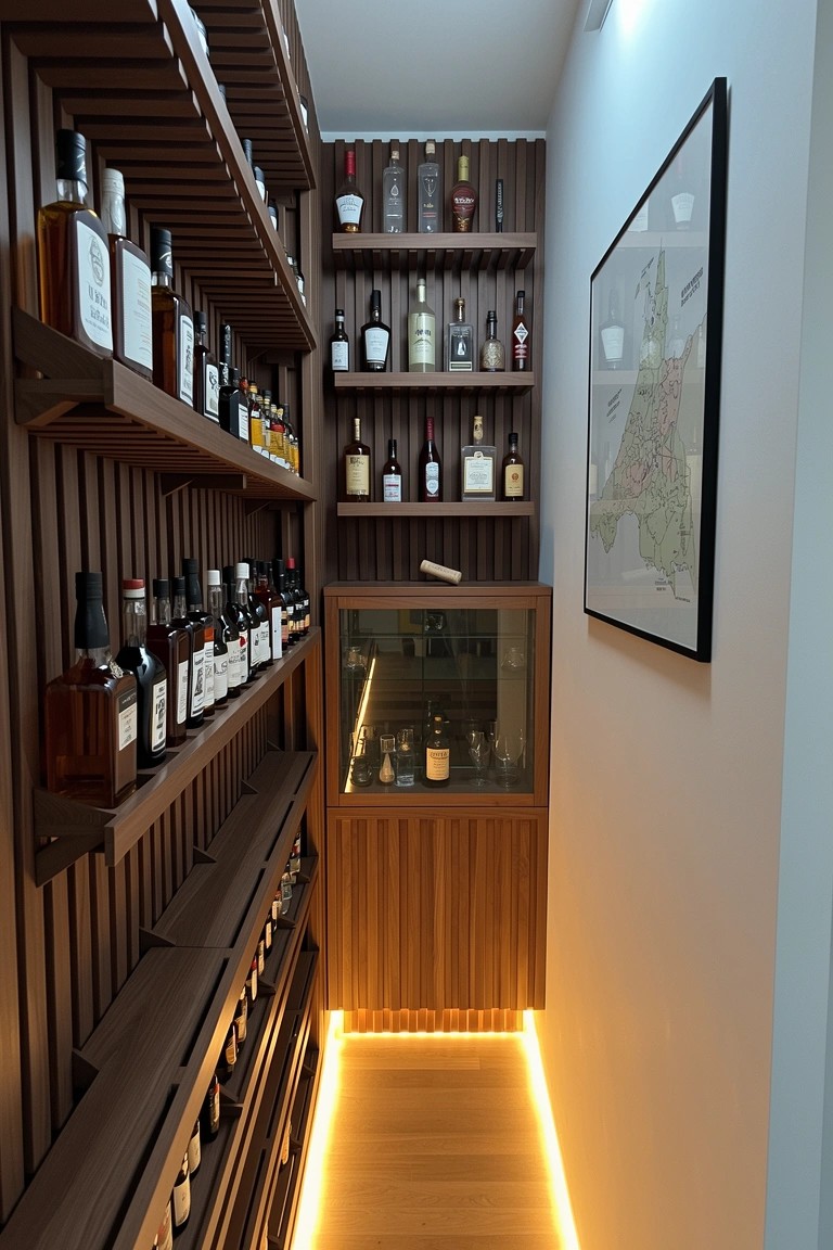 Narrow whiskey room with floor-to-ceiling wooden shelves holding dozens of bottles, a central glass display case, and LED lighting along the floor