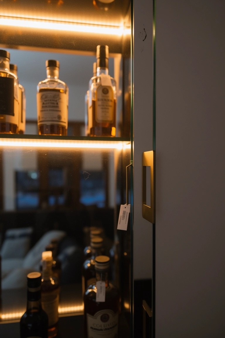 Glass-fronted cabinet displaying whiskey bottles with warm LED lighting along the shelves