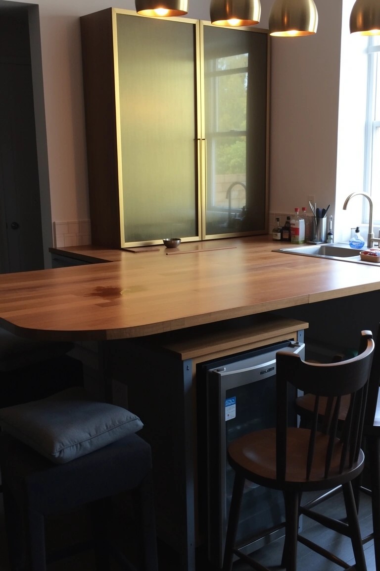 Wooden-topped kitchen island bar with under-counter mini fridge, dark base cabinets, bar stools, and brass pendant lights overhead