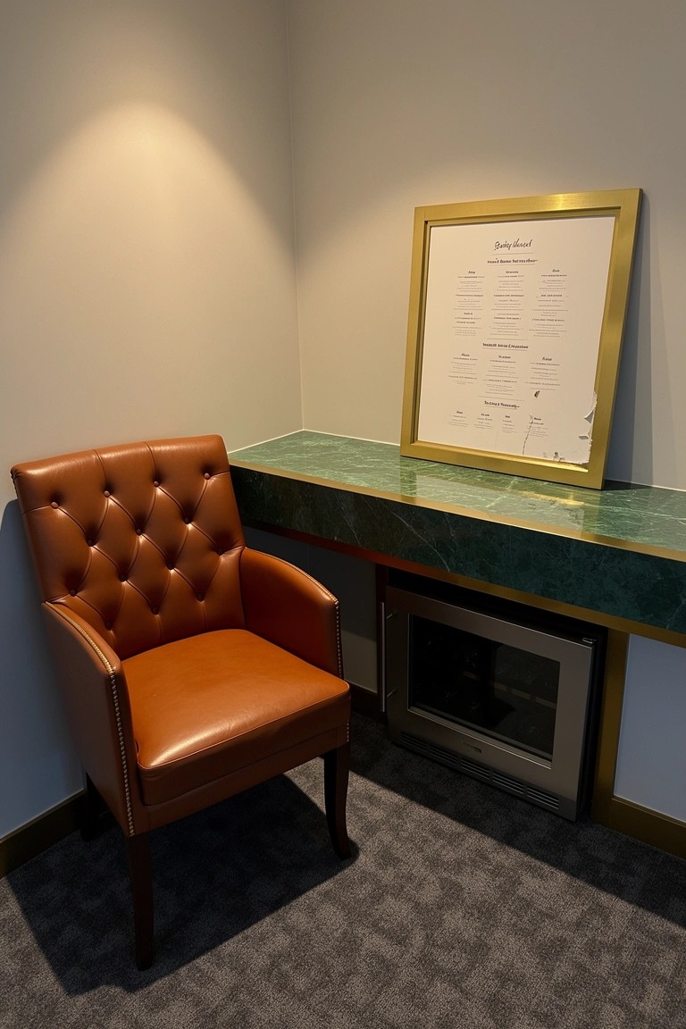 Cozy room corner featuring a tufted leather armchair, green marble shelf with gold-framed document, and built-in mini cabinet below
