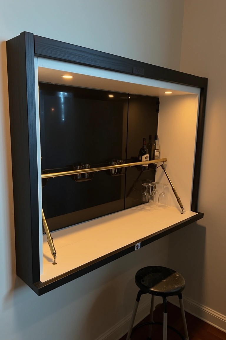 Black framed wall cabinet with open mirrored doors showing fold-down shelf, gold bar rail, whiskey bottles, glasses, and interior lighting, stool below