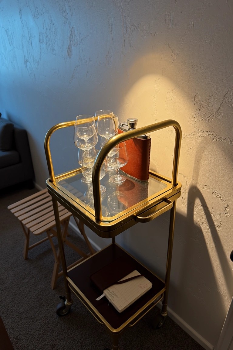 Gold rolling bar cart with glass shelves holding stacked whiskey glasses and a flask in a room corner