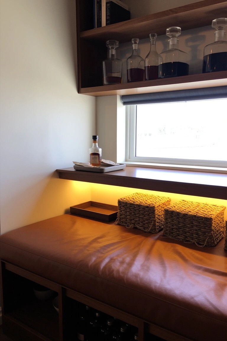 Corner window bench with leather seat, wooden shelves displaying whiskey bottles and decanters, under-shelf lighting, and storage cubbies