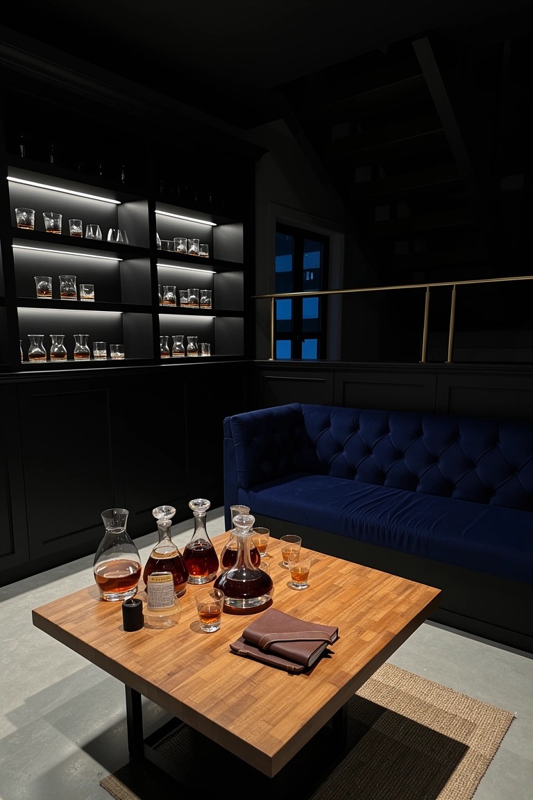 Dark moody room with backlit glass shelves displaying whiskey bottles and glasses above a blue velvet sofa and wooden low table with decanters.