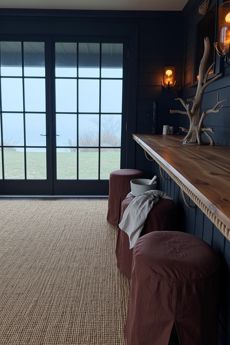 Dark paneled room with wooden bar counter edged in rope, fabric-covered stools, and large windows