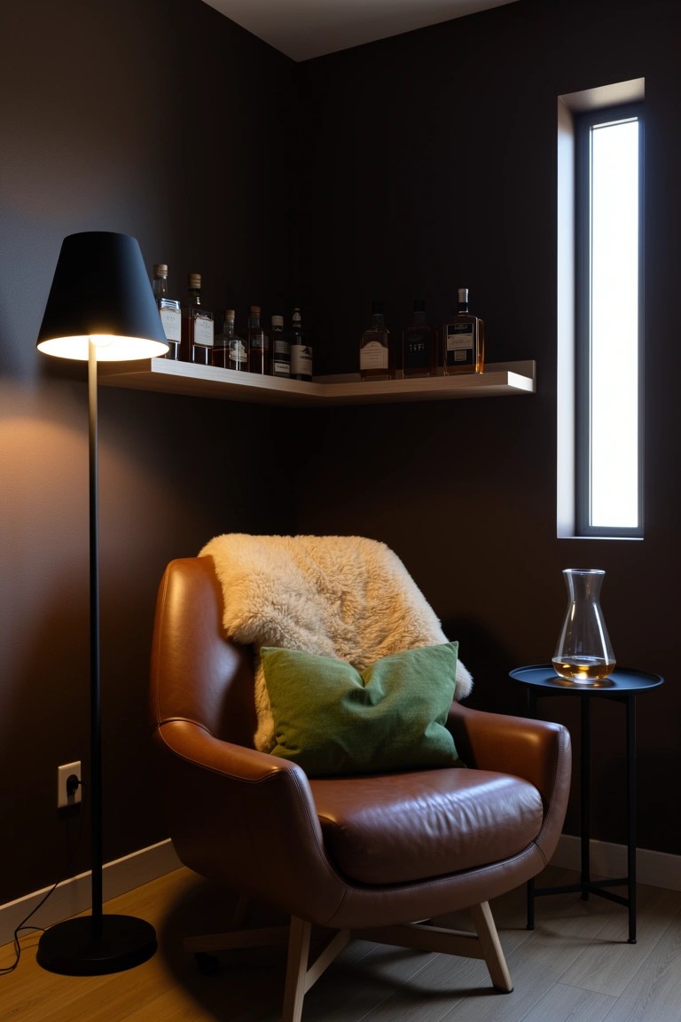 Dark corner nook with brown leather armchair draped in sheepskin throw and green pillow, small black side table holding glass decanter, tall black floor lamp, and floating wooden shelves displaying rows of whiskey bottles