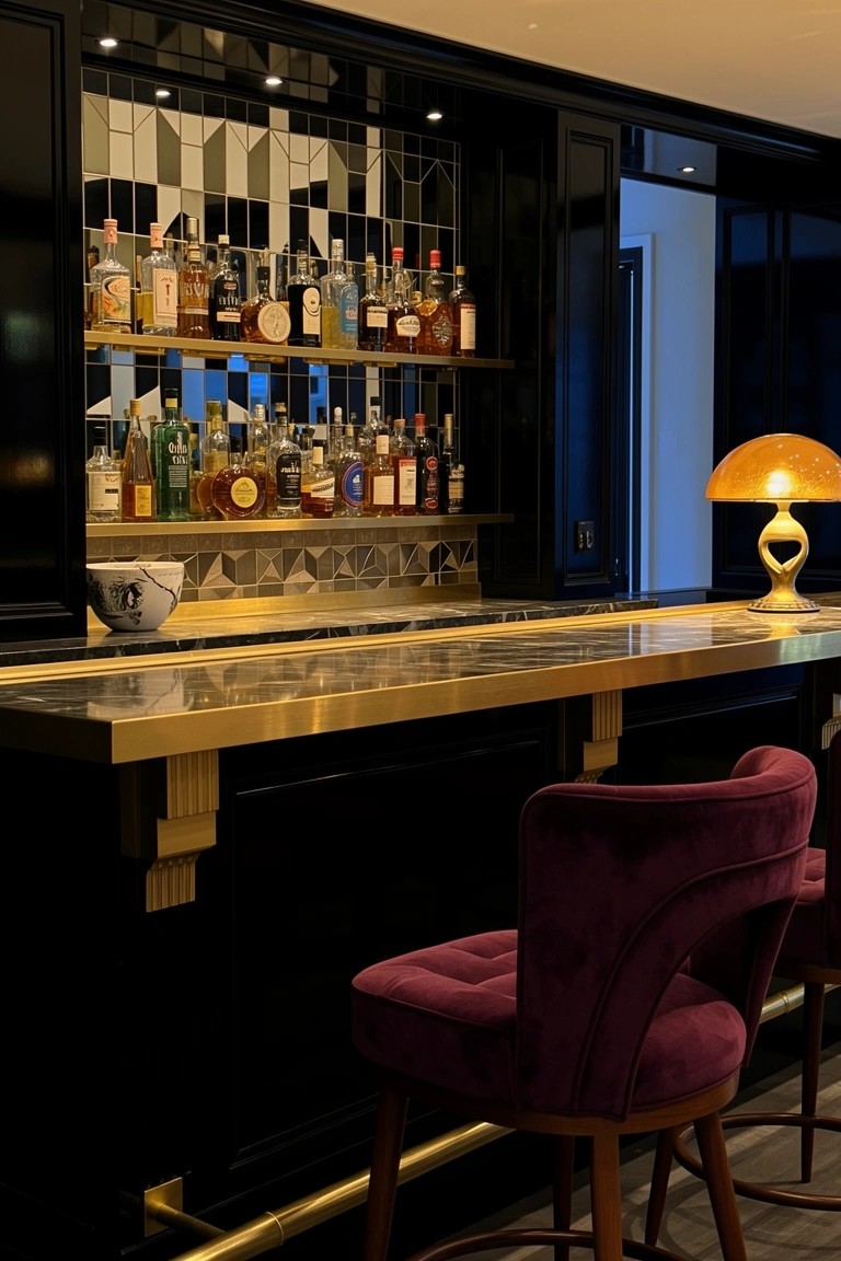 Dark-paneled home bar with brass-edged marble counter, purple velvet stools, and backlit shelves of whiskey bottles