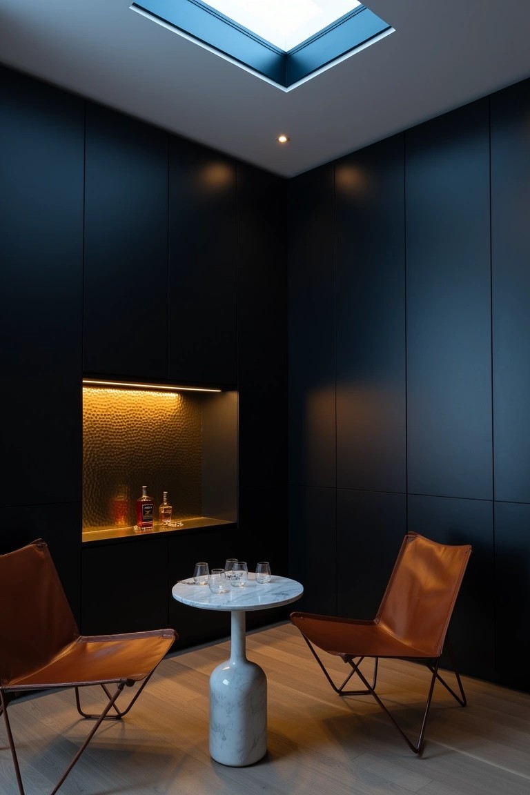 Dark paneled corner with recessed backlit shelf holding whiskey bottles, two tan leather armchairs around a white marble pedestal table with glasses, skylight overhead