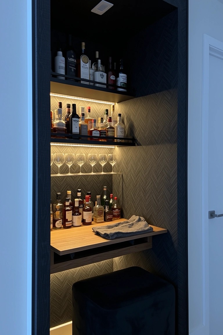 Dark built-in closet bar with whiskey bottles on shelves, LED lighting, glasses, pull-out wooden counter, cloth, and black stool