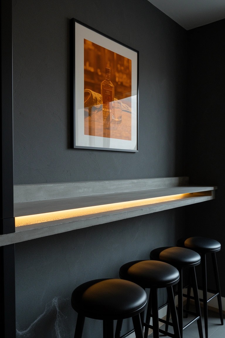 Dark room corner featuring a protruding concrete bar shelf with warm underlighting, black leather stools, and a framed whiskey bottle poster on the wall