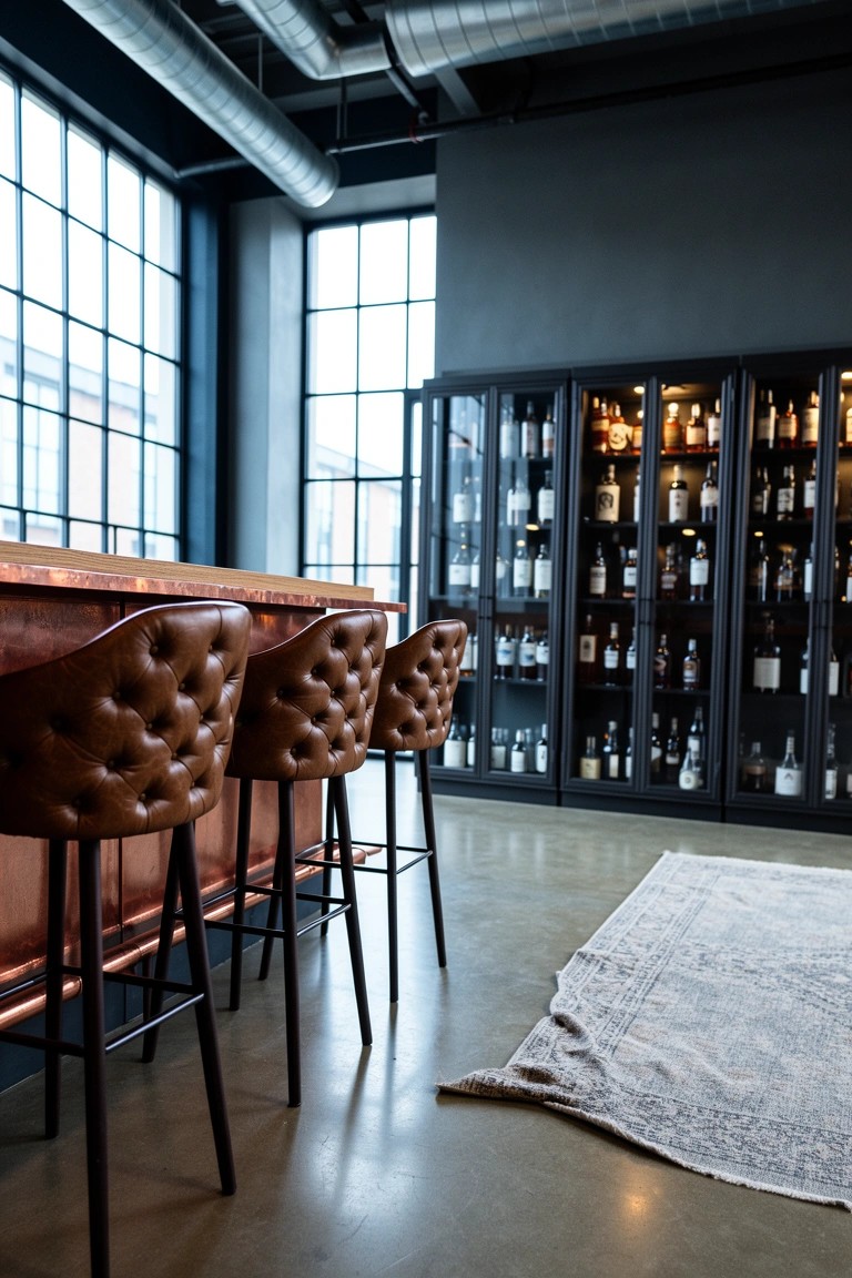 Copper-topped bar counter with tufted leather stools in a dark industrial room, tall glass-fronted cabinets displaying whiskey bottles along the wall