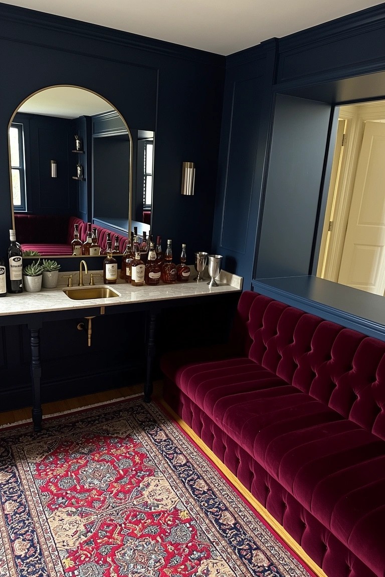 Navy blue corner bar nook with white marble countertop, gold sink, liquor bottles, red tufted velvet bench, arched mirror, and Persian rug